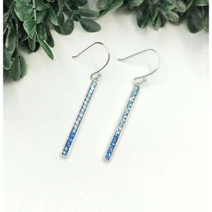 Dangle earrings silver tone with line of blue shades  rhinestones 2.25" length